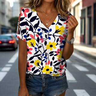 Foto 4 | Foto 4 | Blusa Zhyaj De Manga Corta Con Cuello En V Y Estampado Floral Bohemio Para Mujer - Venta Internacional.