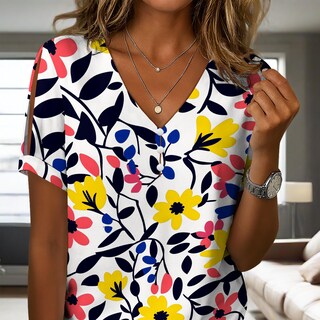 Foto 5 | Foto 5 | Blusa Zhyaj De Manga Corta Con Cuello En V Y Estampado Floral Bohemio Para Mujer - Venta Internacional.