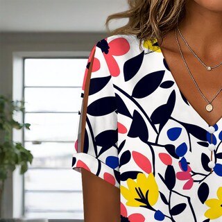 Foto 6 | Foto 6 | Blusa Zhyaj De Manga Corta Con Cuello En V Y Estampado Floral Bohemio Para Mujer - Venta Internacional.