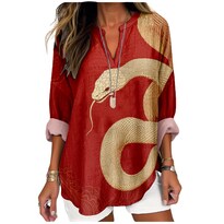 Camiseta Marsvovo Beige Con Cuello En V Y Estampado De Serpiente De Manga Larga Para Mujer - Venta Internacional.