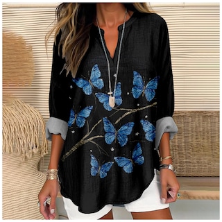 Foto 2 | Foto 2 | Camisa Marsvovo Azul Con Estampado De Mariposas Manga Larga Para Mujer 2xl - Venta Internacional.