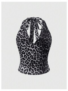 Foto 2 | Foto 2 | Top Corto Wdirara Con Estampado De Leopardo Y Cuello Halter Fruncido Para Mujer - Venta Internacional.