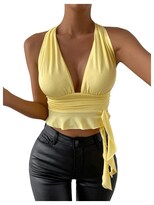 Top Corto Soly Hux Para Mujer, Sexy, Cuello En V Profundo, Halter, Amarillo - Venta Internacional.
