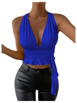 Top Corto Soly Hux Para Mujer, Sexy, Cuello En V Profundo, Azul Real - Venta Internacional.