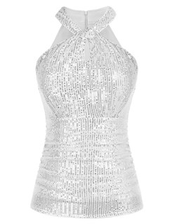 Foto 1 | Foto 1 | Camiseta Sin Mangas Grace Karin Con Cuello Halter Brillante Y Lentejuelas Para Mujer, Color Plateado Xl - Venta Internacional.
