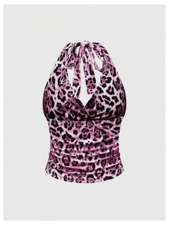 Foto 2 | Foto 2 | Top Corto Wdirara Con Estampado De Leopardo Y Cuello Halter Fruncido Rosa - Venta Internacional.