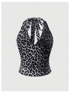 Foto 2 | Foto 2 | Top Corto Wdirara Con Estampado De Leopardo Y Cuello Halter Fruncido Para Mujer - Venta Internacional.