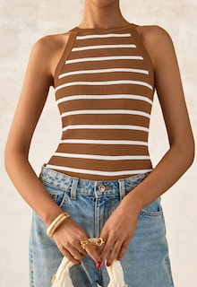 Foto 3 | Foto 3 | Camiseta Sin Mangas Prettygarden Para Mujer, Cuello Halter, A Rayas, Color Café, Xxl - Venta Internacional.