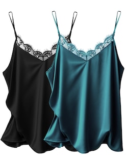 Foto 1 | Foto 1 | Camiseta Ekouaer De Satén Y Seda Con Encaje En V, Cuello En V, Negro Y Verde, Talla M - Venta Internacional.