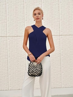 Foto 4 | Foto 4 | Blusa Yeokou Para Mujer Cuello Cruzado Punto Azul Marino - Venta Internacional.