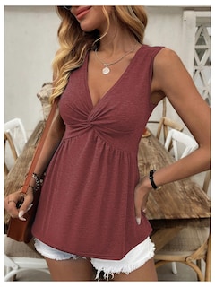 Foto 3 | Foto 3 | Camiseta Sin Mangas Soly Hux Torcida En La Parte Delantera Con Cuello En V Peplum Color Rojo Veraniego - Venta Internacional.