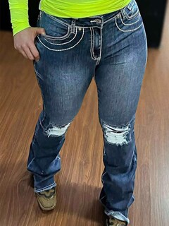 Foto 5 | Foto 5 | Vaqueros Con Forma De Bota Con Forma De Flamenco, Talle Bajo, Elásticos, Rasgados, Azul Oscuro, L - Venta Internacional.