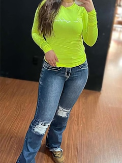 Foto 7 | Foto 7 | Vaqueros Con Forma De Bota Con Forma De Flamenco, Talle Bajo, Elásticos, Rasgados, Azul Oscuro, L - Venta Internacional.