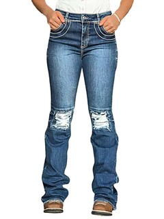 Foto 2 | Foto 2 | Vaqueros Con Forma De Bota Con Forma De Flamenco, Talle Bajo, Elásticos, Rasgados, Azul Oscuro, Talla M - Venta Internacional.