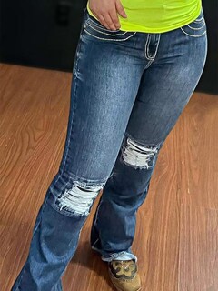 Foto 3 | Foto 3 | Vaqueros Con Forma De Bota Con Forma De Flamenco, Talle Bajo, Elásticos, Rasgados, Azul Oscuro, Talla M - Venta Internacional.