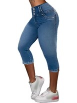 Bermudas Capri Jeans Flamingals, Elásticos Rasgados, Para Mujer, Color Azul Oscuro - Venta Internacional.