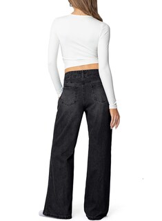 Foto 4 | Foto 4 | Jeans De Pierna Ancha Con Tacto Lateral Cintura Alta Elásticos Negros Para Mujer - Venta Internacional.