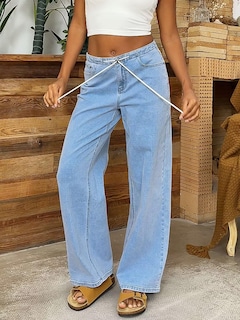 Foto 2 | Foto 2 | Vaqueros Flamingals De Pierna Recta Para Mujer Cintura Media Azul Claro - Venta Internacional.