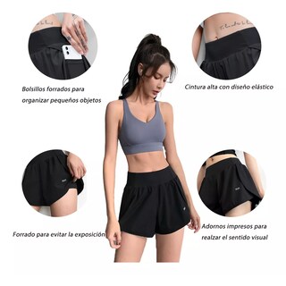 Foto 2 | Foto 2 | 2 En 1 Gym Short Licra Deportiva De Doble Capa Con Bolsillo Talla M Eo Safe Imports Esi-14929  Negro