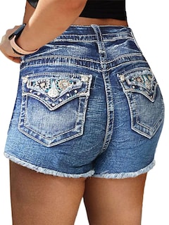 Foto 1 | Foto 1 | Pantalones Cortos Vaqueros Con Estampado De Flamencos, Elásticos, Talle Medio, Vaqueros, Talla L - Venta Internacional.