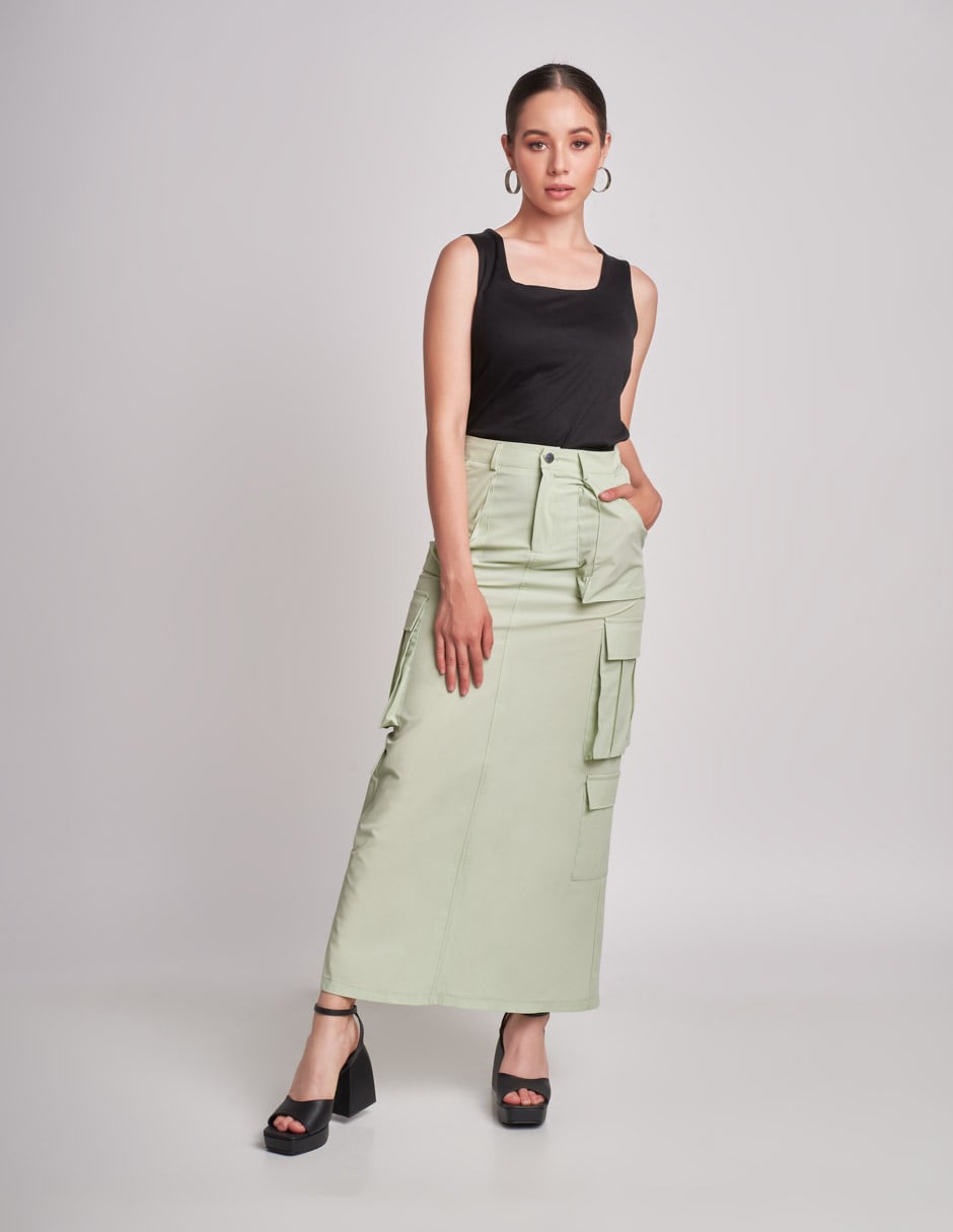 Falda Devendi Color Verde Midi Tela Rompevientos,Size M