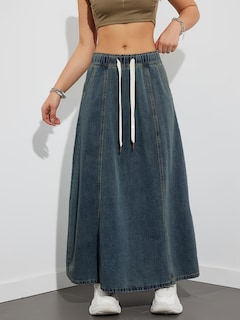 Foto 4 | Foto 4 | Falda Vaquera Maxi Acampanada Chouyatou Para Mujer, Casual, Azul Oscuro - Venta Internacional.