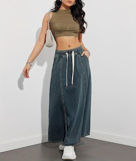 Foto 6 | Foto 6 | Falda Vaquera Maxi Acampanada Chouyatou Para Mujer, Casual, Azul Oscuro - Venta Internacional.