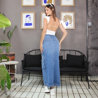 Foto 4 | Foto 4 | Maxifalda Mujer Tiro Alto Algodón Azul Medio