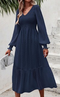 Foto 6 | Foto 6 | Vestido Prettygarden Con Cuello En V Fruncido Y Volantes Con Lunares Suizos, Azul Marino - Venta Internacional.