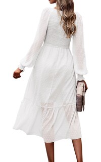 Foto 2 | Foto 2 | Vestido Prettygarden Con Cuello En V Fruncido Y Volantes De Lunares Suizos, Midi Blanco - Venta Internacional.