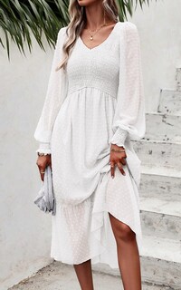 Foto 5 | Foto 5 | Vestido Prettygarden Con Cuello En V Fruncido Y Volantes De Lunares Suizos, Midi Blanco - Venta Internacional.
