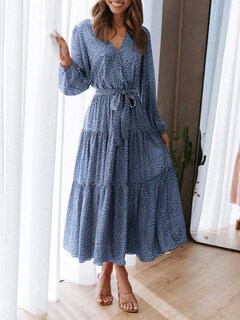 Foto 4 | Foto 4 | Vestido Largo Prettygarden Para Mujer Con Cuello En V De Chifón Azul Floral - Venta Internacional.