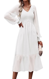 Foto 1 | Foto 1 | Vestido Prettygarden Fruncido De Manga Larga Con Cuello En V Y Lunares Suizos, Blanco - Venta Internacional.