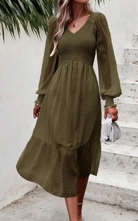 Foto 3 | Foto 3 | Vestido Midi Prettygarden Con Cuello En V Fruncido Y Volantes Con Lunares Suizos - Venta Internacional.