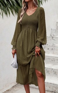 Foto 5 | Foto 5 | Vestido Midi Prettygarden Con Cuello En V Fruncido Y Volantes Con Lunares Suizos - Venta Internacional.