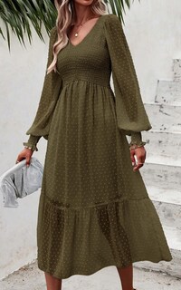 Foto 6 | Foto 6 | Vestido Midi Prettygarden Con Cuello En V Fruncido Y Volantes Con Lunares Suizos - Venta Internacional.