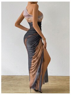 Foto 2 | Foto 2 | Vestido Largo Wdirara Para Mujer Con Un Solo Hombro Fruncido, Anudado - Venta Internacional.