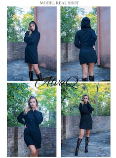 Foto 4 | Foto 4 | Vestido Alvaq De Manga Larga Con Capucha Y Cordón Para Mujer Negro - Venta Internacional.