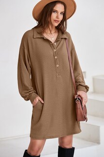 Foto 4 | Foto 4 | Vestido Alvaq De Manga Larga De Punto Acanalado Con Cuello En V Y Botones, Marrón - Venta Internacional.