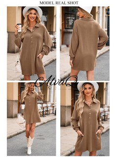 Foto 7 | Foto 7 | Vestido Alvaq De Manga Larga De Punto Acanalado Con Cuello En V Y Botones, Marrón - Venta Internacional.