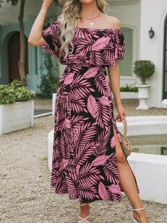 Foto 2 | Foto 2 | Vestido Cupshe Para Mujer, En Forma De A, Con Hombros Descubiertos, Volantes, Maxi, Hojas Negras - Venta Internacional.