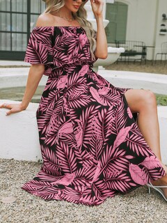 Foto 3 | Foto 3 | Vestido Cupshe Para Mujer, En Forma De A, Con Hombros Descubiertos, Volantes, Maxi, Hojas Negras - Venta Internacional.