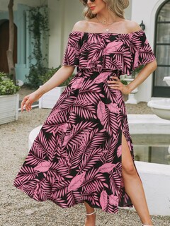 Foto 7 | Foto 7 | Vestido Cupshe Para Mujer, En Forma De A, Con Hombros Descubiertos, Volantes, Maxi, Hojas Negras - Venta Internacional.