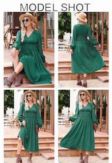 Foto 2 | Foto 2 | Vestido Largo Blencot Para Mujer, Cuello En V, Manga Larga Escalonado, Verde - Venta Internacional.