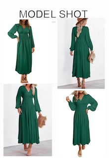 Foto 3 | Foto 3 | Vestido Largo Blencot Para Mujer, Cuello En V, Manga Larga Escalonado, Verde - Venta Internacional.