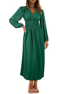 Foto 6 | Foto 6 | Vestido Largo Blencot Para Mujer, Cuello En V, Manga Larga Escalonado, Verde - Venta Internacional.