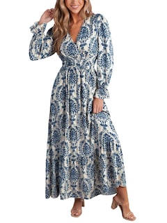 Foto 1 | Foto 1 | Vestido Largo Cupshe Con Cuello En V Y Manga Larga Con Volantes, Cachemir Azul Marino - Venta Internacional.