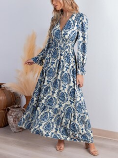 Foto 5 | Foto 5 | Vestido Largo Cupshe Con Cuello En V Y Manga Larga Con Volantes, Cachemir Azul Marino - Venta Internacional.