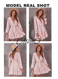 Foto 5 | Foto 5 | Vestido Alvaq Sexy Con Cuello En V Profundo Y Volantes Para Mujer, Color Rosa - Venta Internacional.