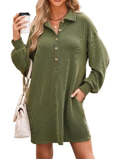 Foto 1 | Foto 1 | Vestido Alvaq De Manga Larga De Punto Acanalado Con Cuello En V Y Botones Para Mujer - Venta Internacional.